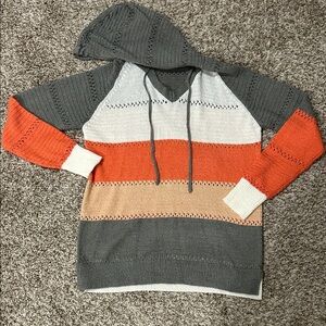 Striped Gray and peach Hooded Sweater Large
